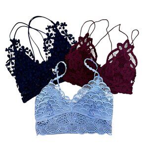 Free People Intimately Lace Bralette Bundle 3 Pack Navy Burgundy Light Blue S/P